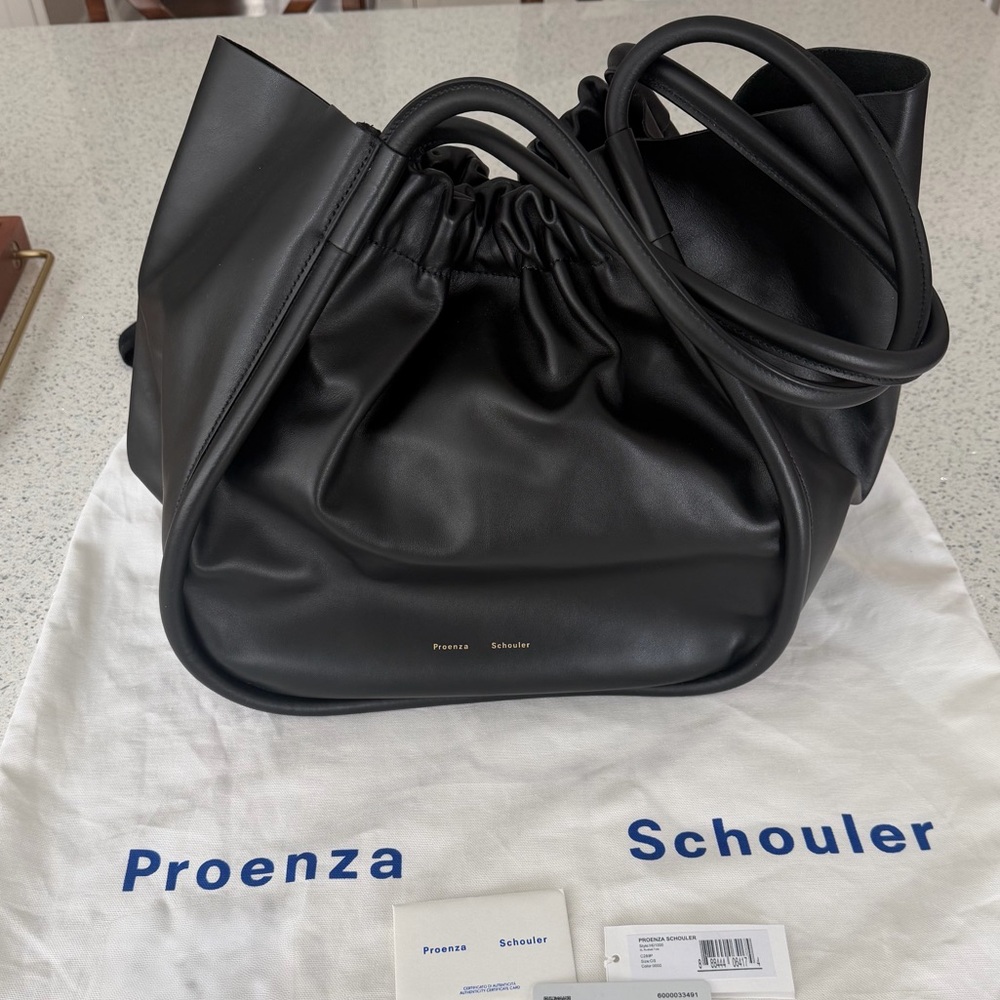 Proenza Schouler Rare XL Ruched Tote black calfskin leather.